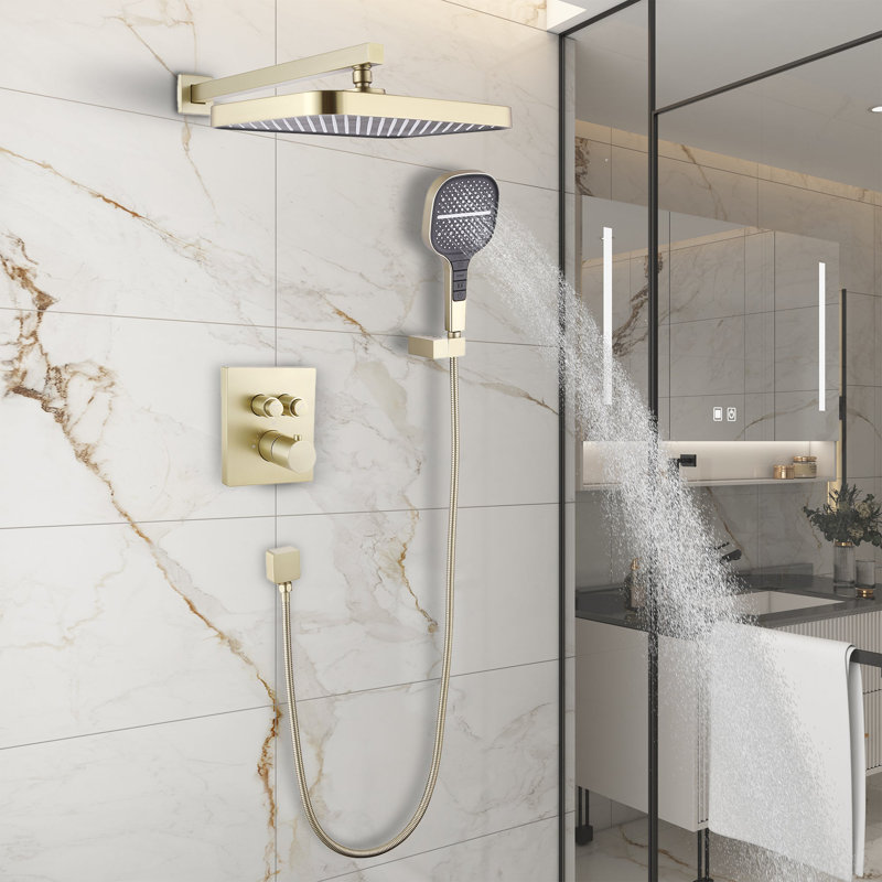 Brushed Gold Dual Square Rainfall Shower System with Handheld