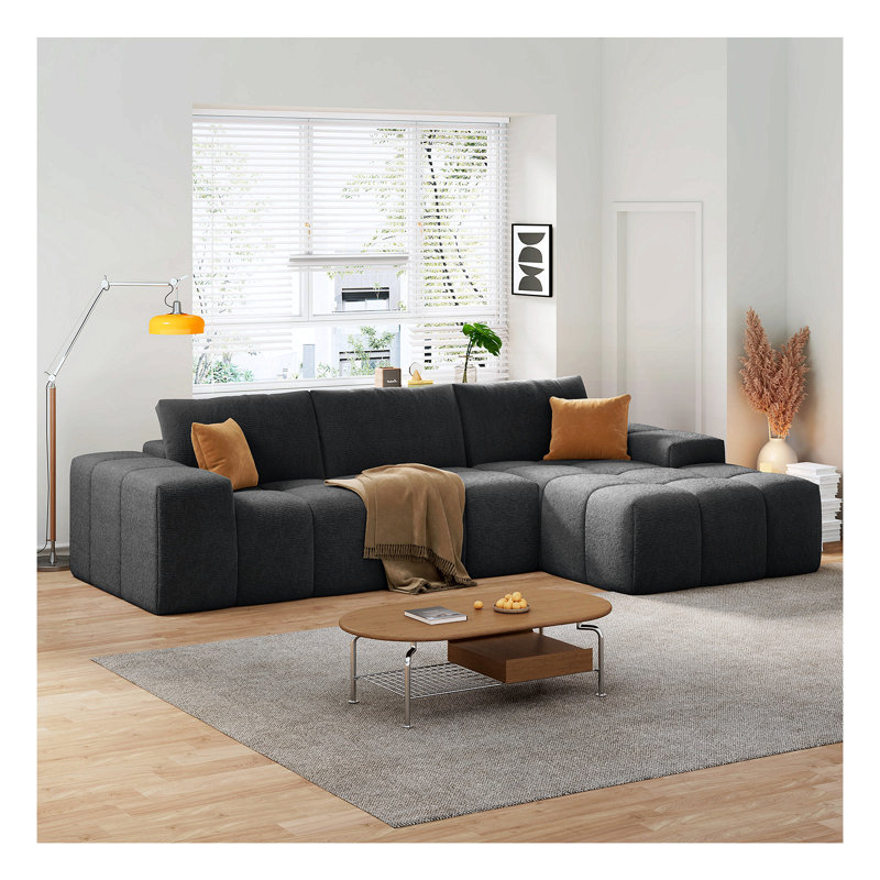 Canapé modulaire en L sans assemblage requis, canapé à assise profonde avec 3 coussins, revêtement en tissu doux, Noir