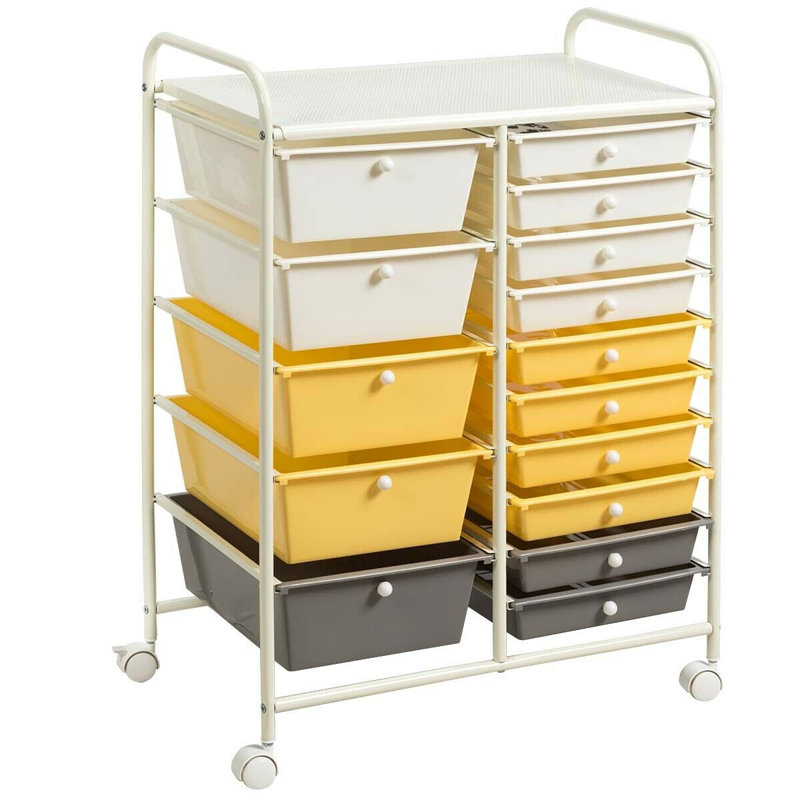 Barksdale 15-Drawer Utility Rolling Organizer Cart, White/Yellow/Gray