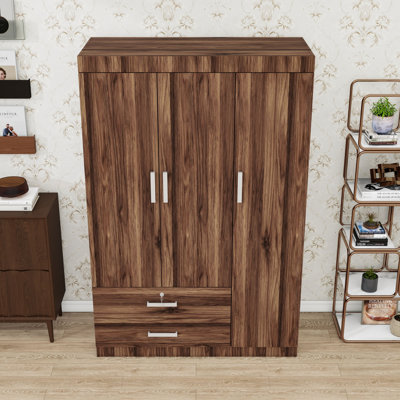 Armoire en bois avec 2 tiroirs, tringles de suspension et 3 portes