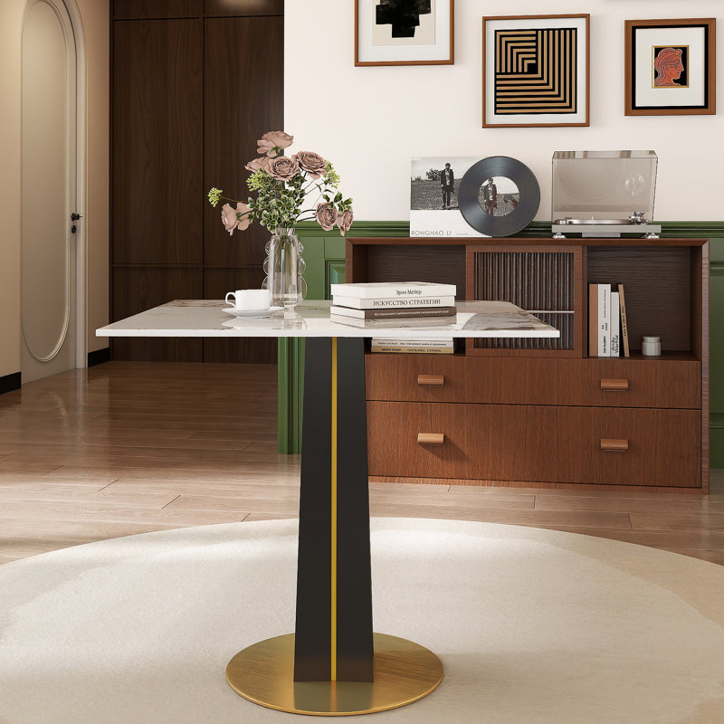 Table de négocier moderne carrée - plateau en pierre frittée blanche de 85 cm, pieds en bois noir avec base en métal doré