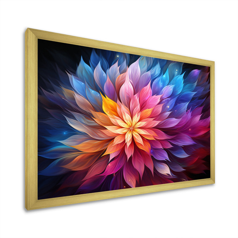 Prisme fractal abstrait bleu et jaune Magsud, H 34 po x l 44 po x P 1,5 po, Encadrement doré