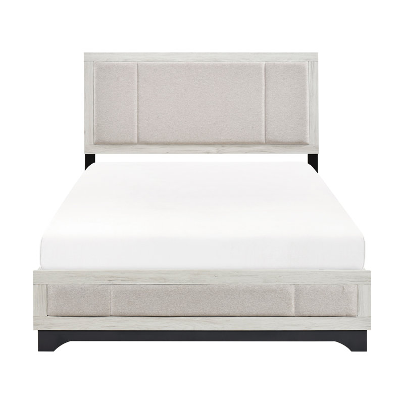 Lit plateforme double moderne pour chambre à coucher contemporaine, avec finition à deux tons et rails rembourrés, Lit double