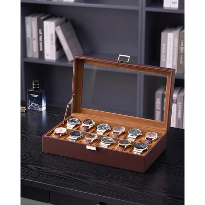 Coffret de montres pour hommes, boîte de présentation à 12 emplacements avec grand couvercle en verre