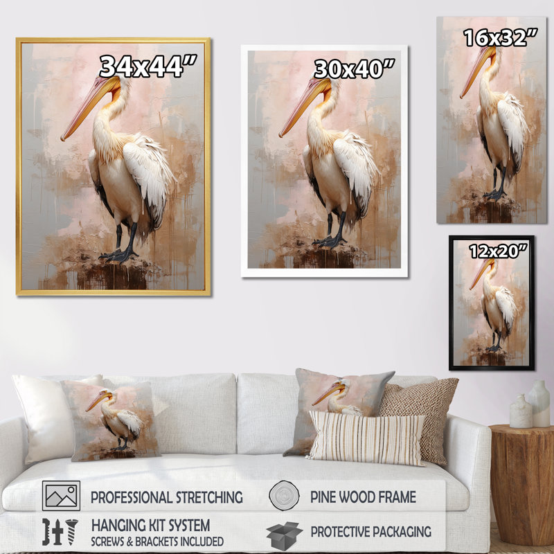 «Graceful Pelican Presence I», reproduction sur toile, Cadre flottant noir, H 32 po x l 16 po x P 1 po