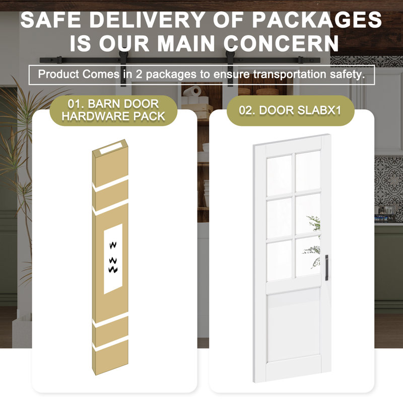 Modern White Primed And  6-Lite Clear Glass Sliding Barn Door With Installation Hardware Kit(No Assembly Required), 24" x 80"
