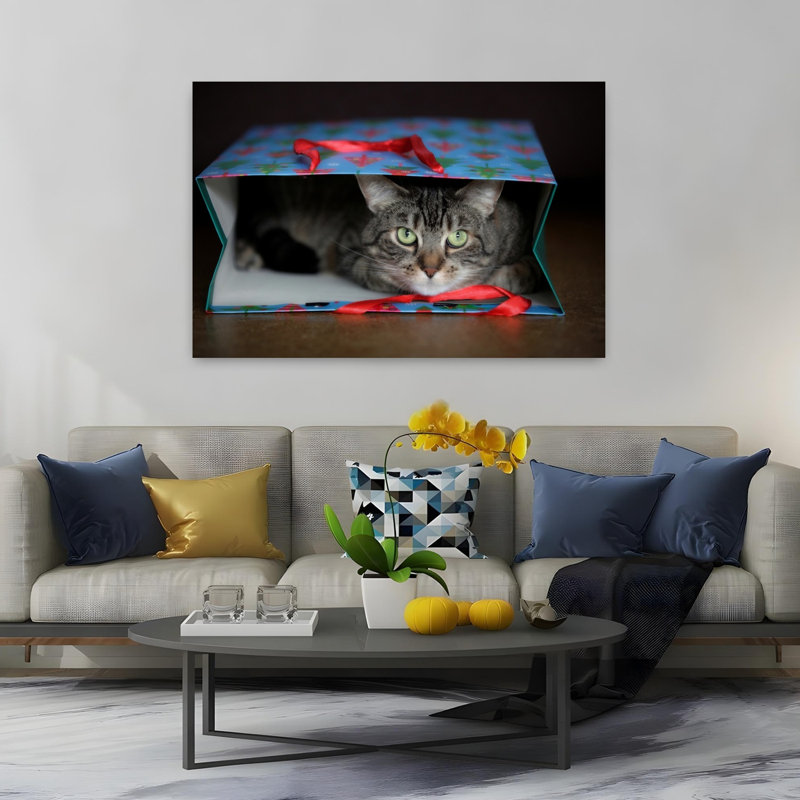 Curious Cat In Gift Bag Contemporary Cat Architecture Wall Art Print, 101.6cm H x 152.4cm W