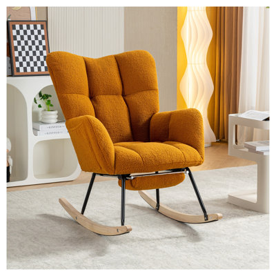 Caramel Teddy Fabric Rocking Chair with Adjustable Footrest, Modern Tufted Leisure Chair for Nursery or Living Room