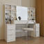 Bureau de maquillage avec miroir et lumières, coiffeuse avec tiroirs et tablettes de rangement ouvertes
