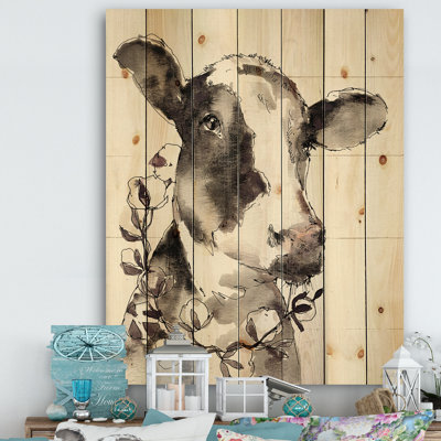 Portrait de vache à la campagne - reproduction de faune sur bois de pin naturel