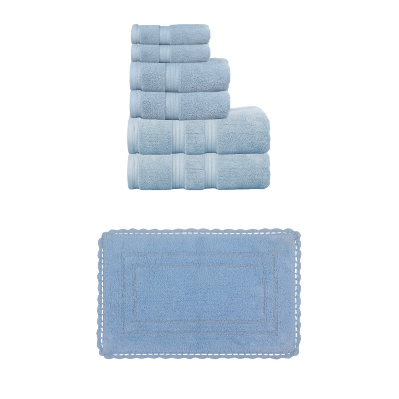 Colson 100% Soft Cotton 2 Pc Bath Towel Set & 1 Pc 17x24" Bath Rug, (Set of 3), Linen, Blue, 7 Piece Towel Set