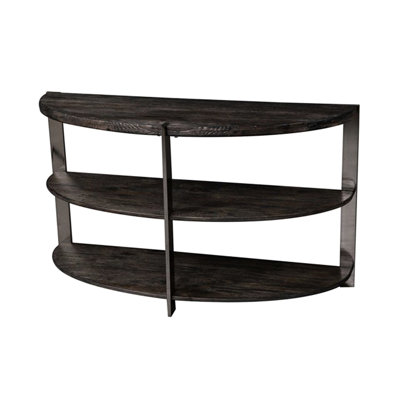 Charcoal Colored Console Desk, 2 Shelves, Metal And Wood Table In Half Moon Shape, Open Gray Finish & For Living Area, Bedroom, Entryway