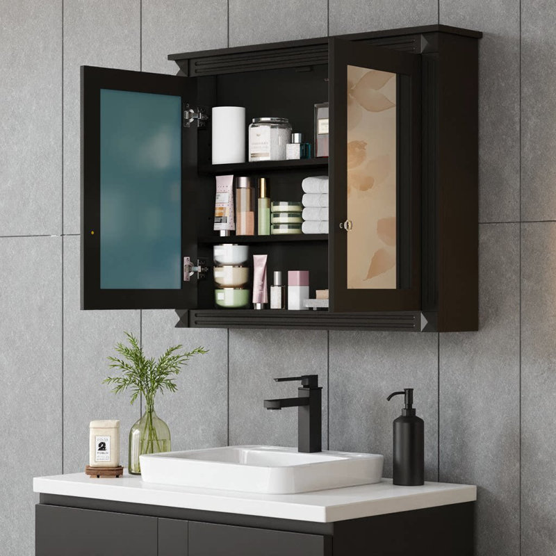 Pharmacie 36 po x 28 po avec 2 portes à miroir | Finition de l'armoire de rangement murale avec 2 tablettes réglables et charnières à fermeture en douceur | Design moderne