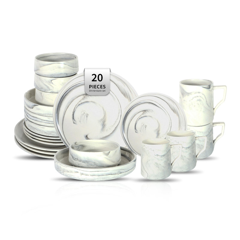 Service de table HomeVSS en porcelaine fine marbrée artisanale, 20 pièces pour 4 personnes, Gris