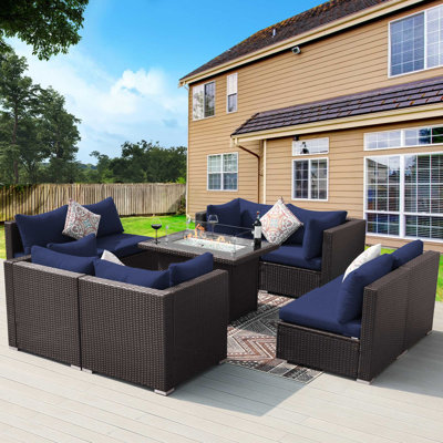 Ensemble de conversation pour patio pour 8 personnes avec table de foyer et coussins, ensemble de conversation modulaire à assise profonde