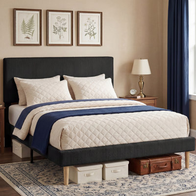 Adjustable Headboard Corduroy Platform Bed Frame, Skin-Friendly Fabric Upholstered Bed with No Box Spring Needed, Sturdy Noise-Free Support, Easy Assembly, (Queen Size, Black)