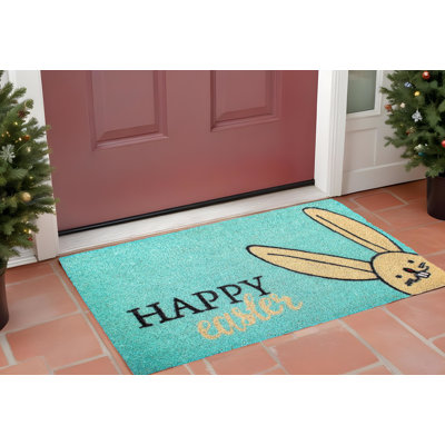 17" X 29" Aqua and Natural Coir Happy Easter Outdoor Easter Door Mat