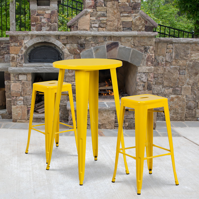 Ensemble de tables de bar rondes en métal pour l'intérieur et l'extérieur Gyala, Jaune, H 41 po x l 24 po x P 24 po