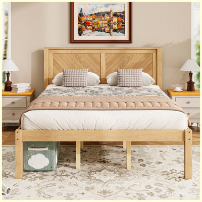 Queen Size Solid Wood Platform Bed, Farmhouse Chevron Panel Bed Frame with Herringbone Wood Headboard, Under Bed Storage Clearance, No Box Spring Needed, Natural Oak