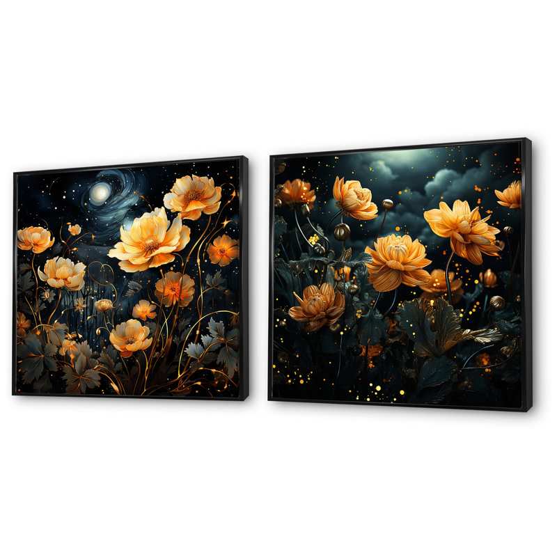 Nuit étoilée fleur de souci I - ensemble de salon art mural souci de 2, Cadre flottant noir, H 30 po x l 61 po x P 1 po