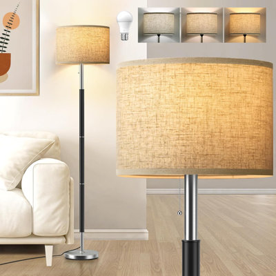 Modern Floor Lamp With 3 Color Temperatures (3000K/4000K/6000K), Beige Linen Lampshade, Pull Chain Switch, 9W LED Bulb Included, Black And Silver, For Bedroom, Office, Living Room