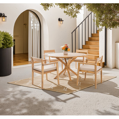 Badgley 4 - Person Acacia Wood Patio Dining Set With Round Table, Cushions Included