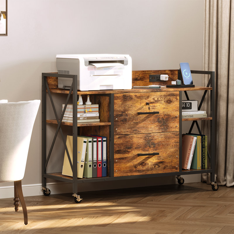 Office File Cabinet, 2 Drawer File Cabinets with Lock, Filing Cabinet with Power Outlets, Adjustable Shelves, Rolling Storage Cabinets for Home Office,Brown