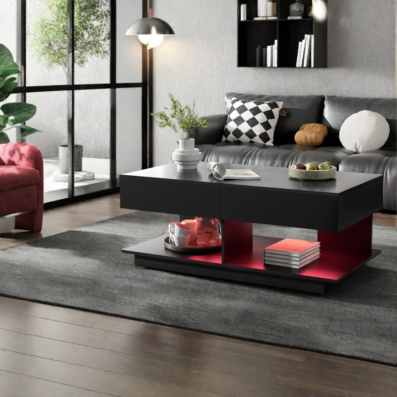 Table basse moderne extensible avec lumières DEL de 16 couleurs, finition ultrabrillante, compartiments de rangement cachés, commande Bluetooth, assemblage sans outil