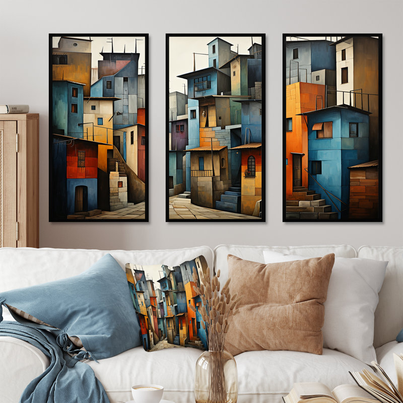 «Cubist Urbanism Horizon» - ensemble d'art mural sur toile Cubism, Cadre flottant noir, H 28 po x l 36 po x P 1 po