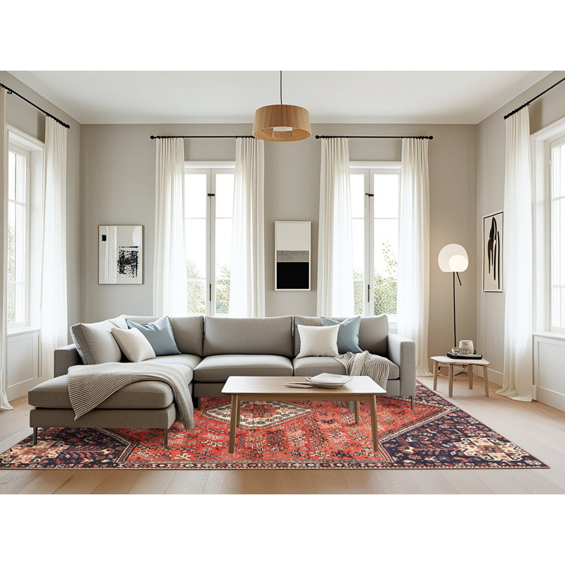 Tapis oriental orange / bleu marine / beige, Rond 3 pi