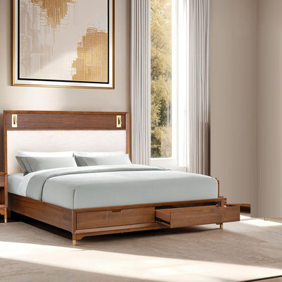 Mid-Century Modern 1pc Bed w Storage Drawers Solid wood Upholstered HB Reading Light Bedroom Furniture