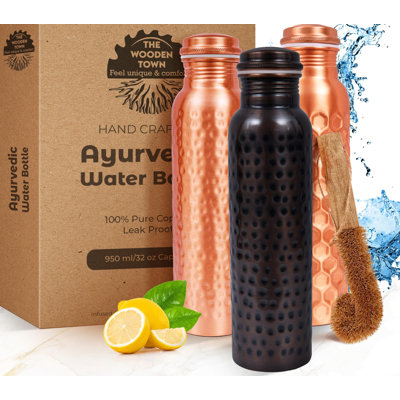 Set of 3 Pure Copper Water Bottles, 32 Oz (950 ml) Each, with 1 Cleaning Brush