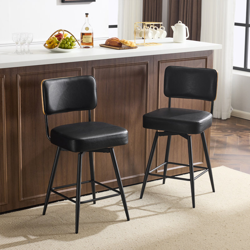 Set Of 2 Leather Swivel Bar Stools With  Comfortable Upholstered For Kitchen Island Dining Area In Black, Black