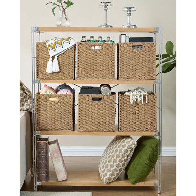 Ensemble de 6 paniers de rangement en papier tressé, boîtes de rangement pliables en forme de cube avec armature et poignées en métal, paniers de rangement pliables pour étagères, couleur naturelle