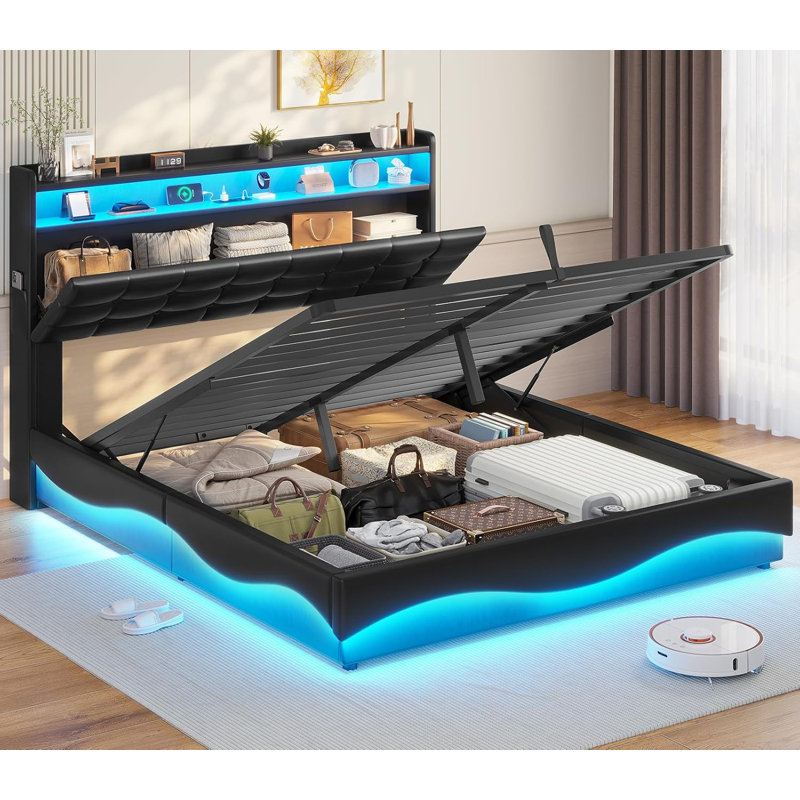 Lift Up Storage  Bed Frame With Charging Station And Hidden Storage Headboard, Led Lights Upholstered Platform Bed With Hydraulic Storage,