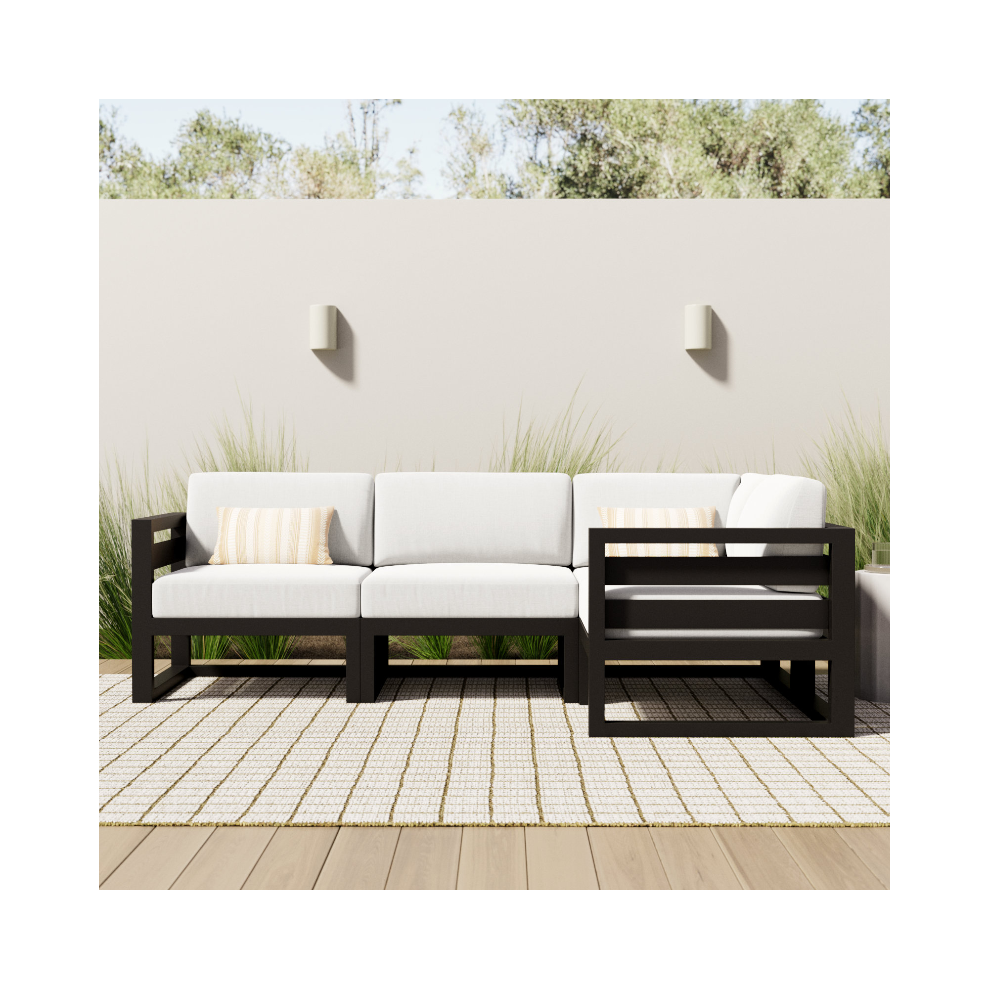 Smith 94" Outdoor Sectional with Sunbrella Cushions, Canvas Natural, Black