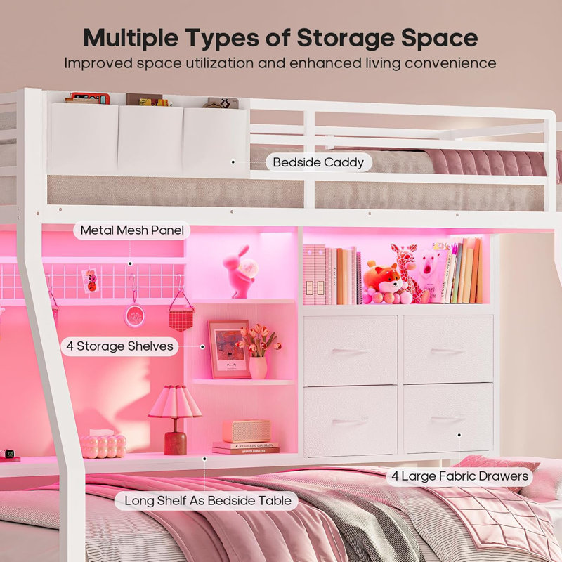 Bed  With 4 Storage Drawers & Shelves & Bedside Caddy, Twin  Beds With Charging Station & Led Lights, Metal Bed With Safety Guardrail & Angled Ladder