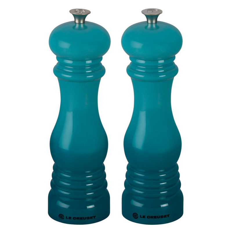 Le Creuset Set of 2 Salt and Pepper Mills, Caribbean, 4.3" H x 2.9" W x 2.9" D