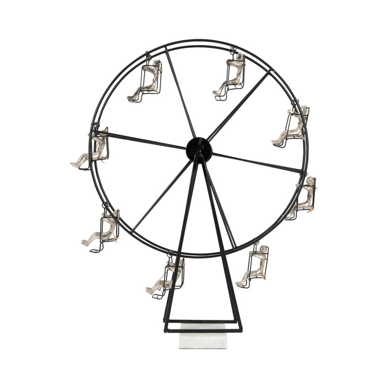 Modern Sculpture Metal and Stone Ferris Wheel Design with Seated Human Figures Home Office Bedroom Living Room Decor - 23" Black
