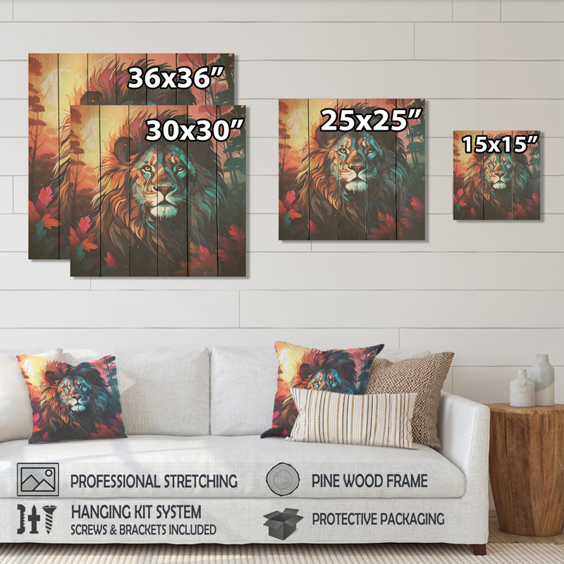Imprimé sur bois, lion majestueux au clair de lune II, H 36 po x l 36 po