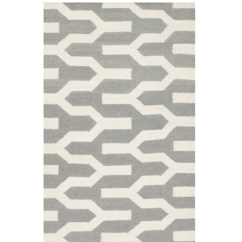 Tapis en laine / coton tissé à la main à plat Rodgers en ivoire / gris, Rectangle 2 pi 6 po x 4 pi