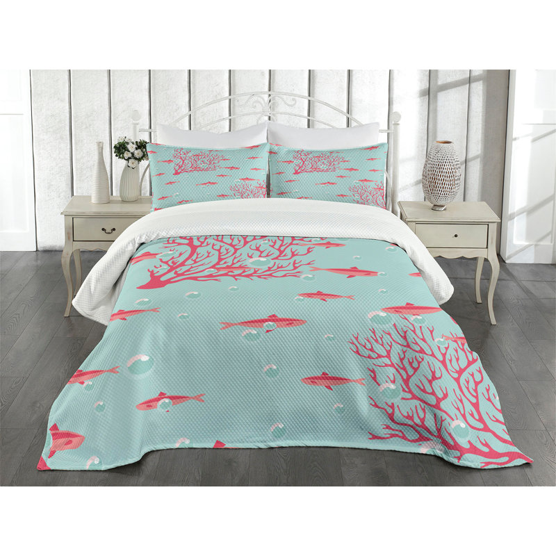 Queen Blue Coral Reef Quilted Bedspread Set