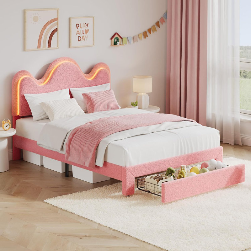 Lit plateforme double tapissier en velours avec lumière DEL, lattes de bois, chambre d'enfant, Lit double, Rose