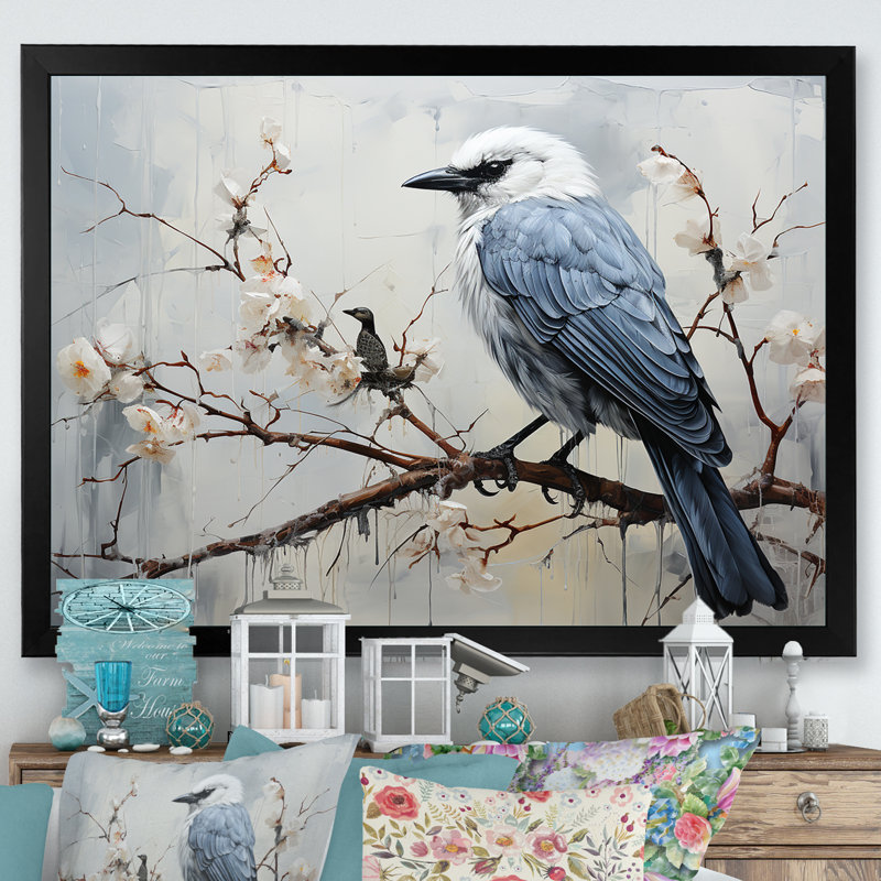 «Misty Blueray Bird on Branch», reproduction d'art sur toile, H 30 po x l 40 po x P 1,5 po, Cadre photo noir
