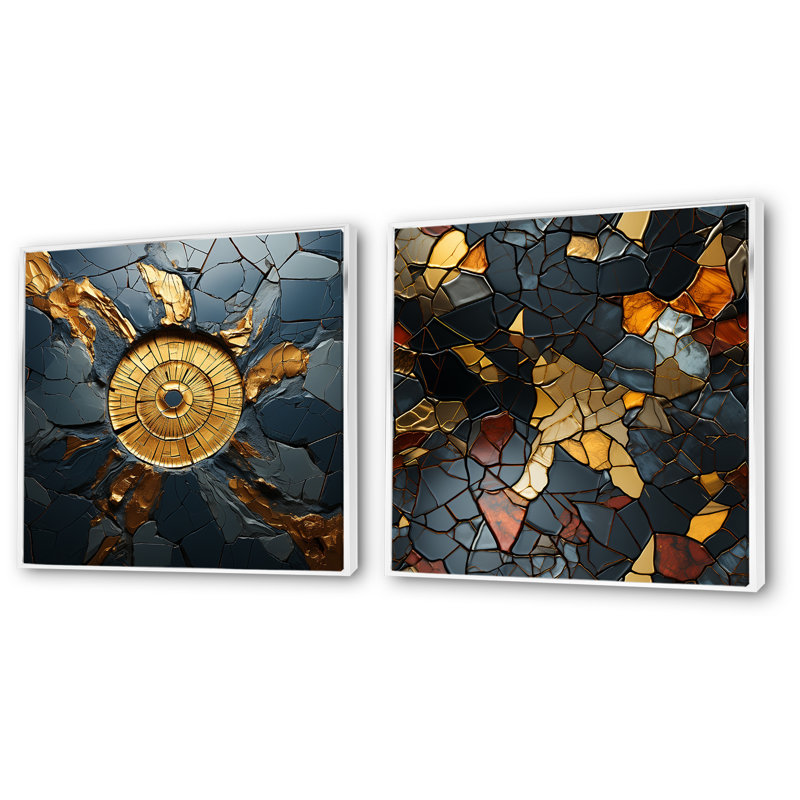 Carrelage mosaïque doré et noir I - ensemble de salon mural art abstrait, Cadre blanc, H 16 po x l 33 po x P 1 po