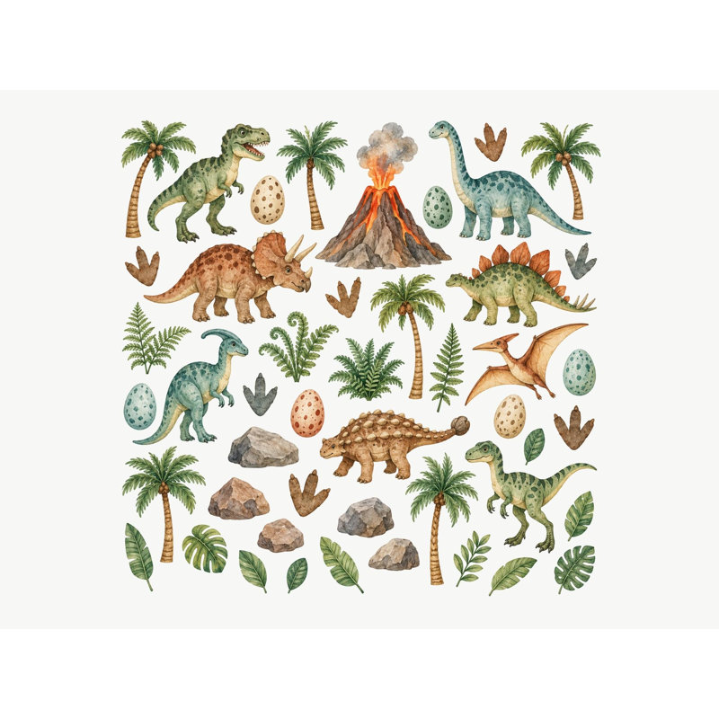 Dinosaur World Wall Decals, Set of 47 Peel and Stick Nursery Wall Stickers, Satin Finish Removable Kids Room Wall Art, 20"W x 20"H (50 x 50 cm)