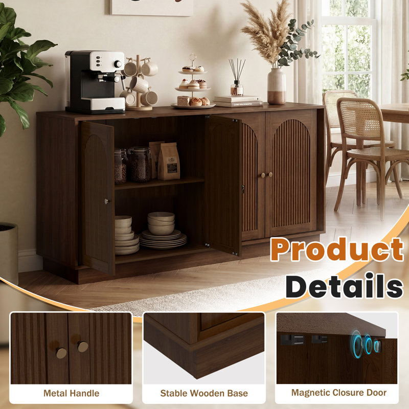Sideboard Buffet Cabinet With Storage, Fluted Arched Storage Cabinet With Adjustable Shelves, Wooden Modular Coffee Bar, Modern Console Table For Living Room Kitchen Dining Room Entryway, Brown
