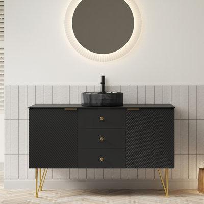 Meuble-lavabo de salle de bain 48 po GEMA, armoire de rangement autoportante en contreplaqué avec 4 pieds dorés, 3 tiroirs et 2 portes, lavabo rond en verre noir transparent et plateau en pierre frittée noire, pré-assemblé, noir