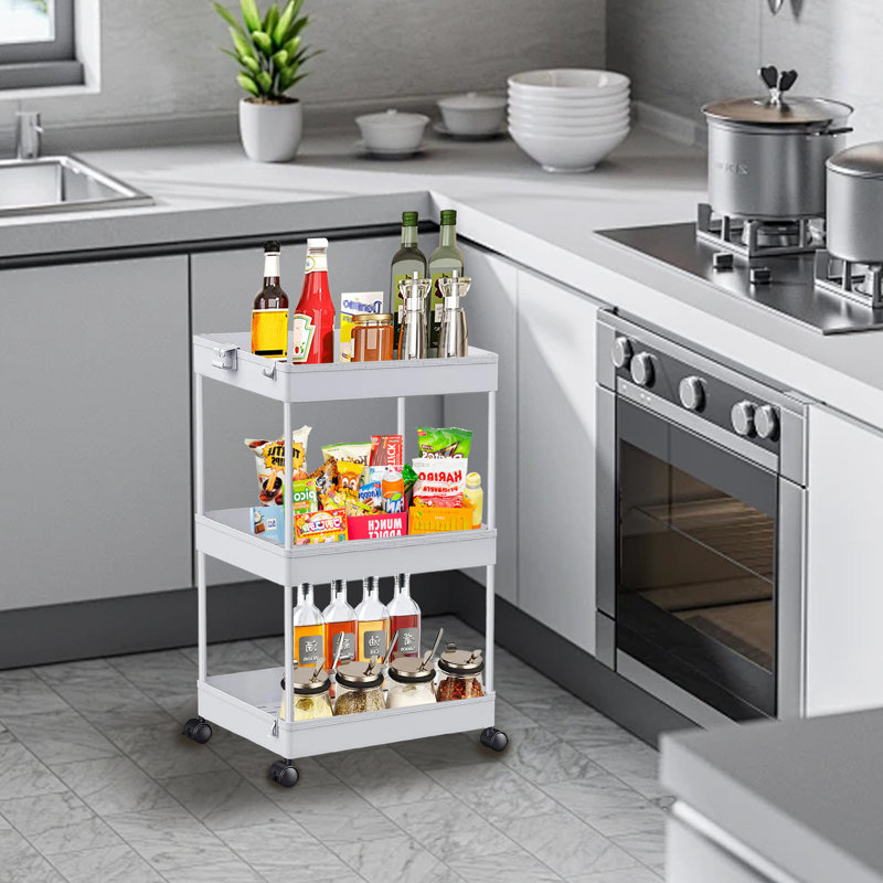 Chariot de rangement roulant à 3 niveaux, tablettes polyvalentes pour bureau, salon, chambre à coucher, salle de bain, gris