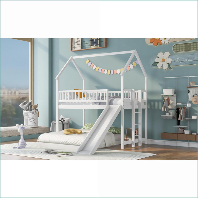 Lit simple superposé au-dessus d'une chambre double avec glissade et amp; Échelle intégrée - Bois de pin massif & amp; Panneau de fibres à densité moyenne, garde-corps pleine longueur, blanc pour les petits espaces